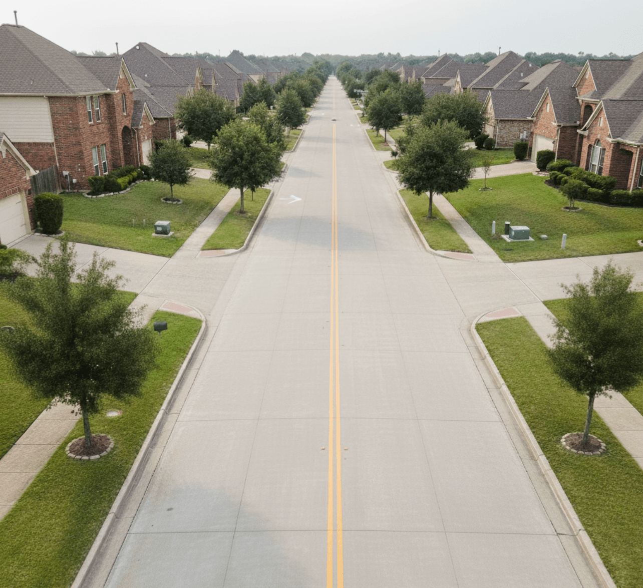 Freshly sealcoated residential street with crosswalk striping in Cypress Texas